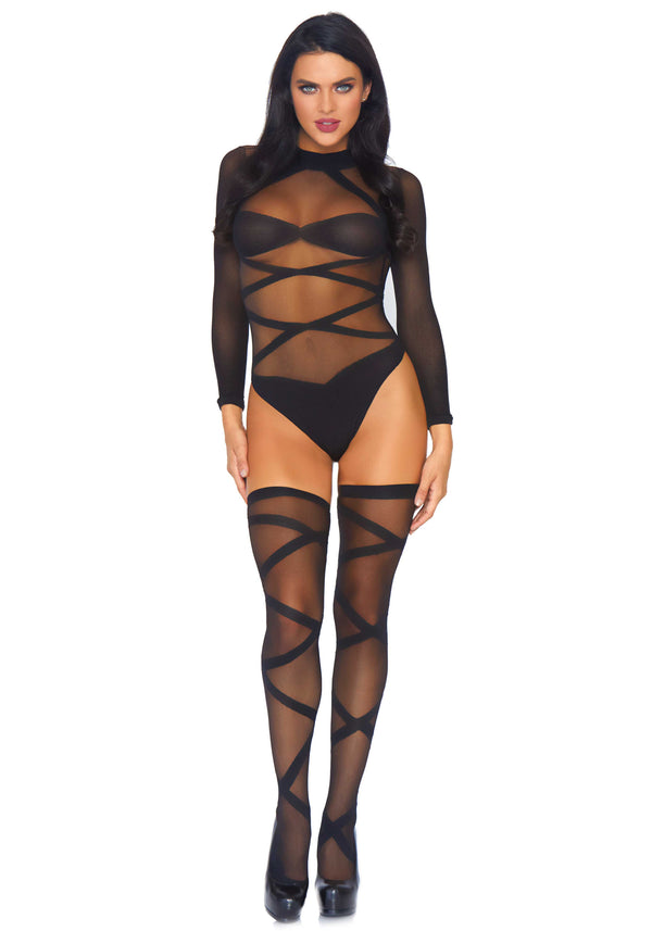 Opaque Criss Cross Bodysuit and Thigh Highs