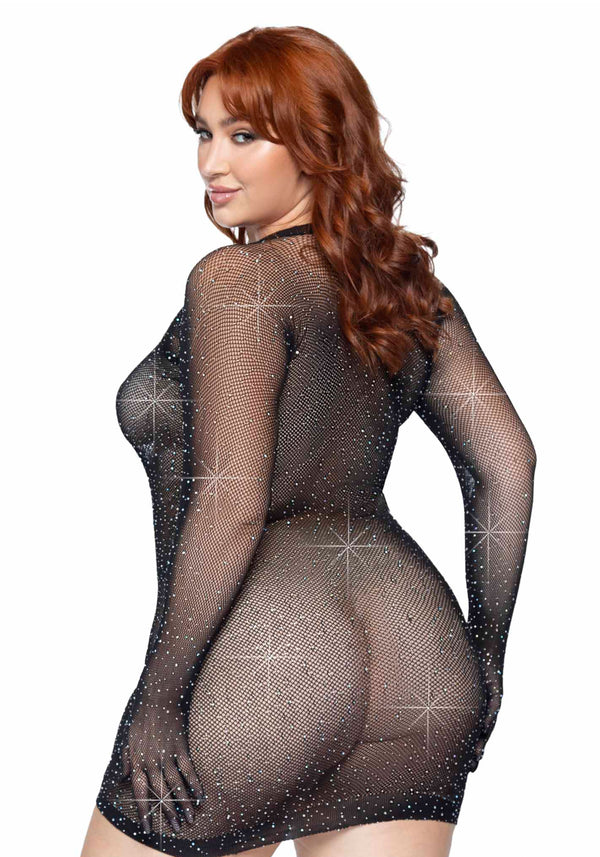 Plus Rhinestone Fishnet Gloved Mini Dress