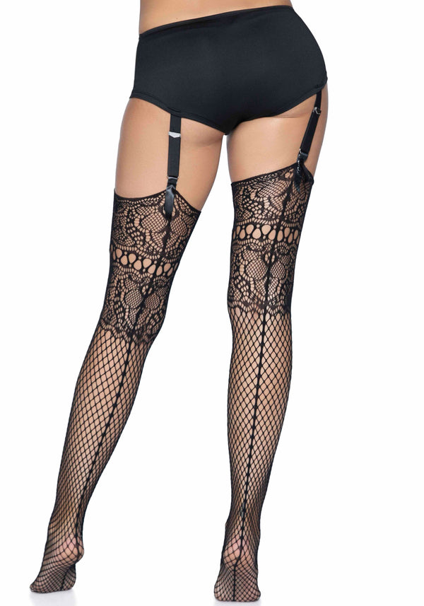 Fishnet Backseam Stockings with Lace Top